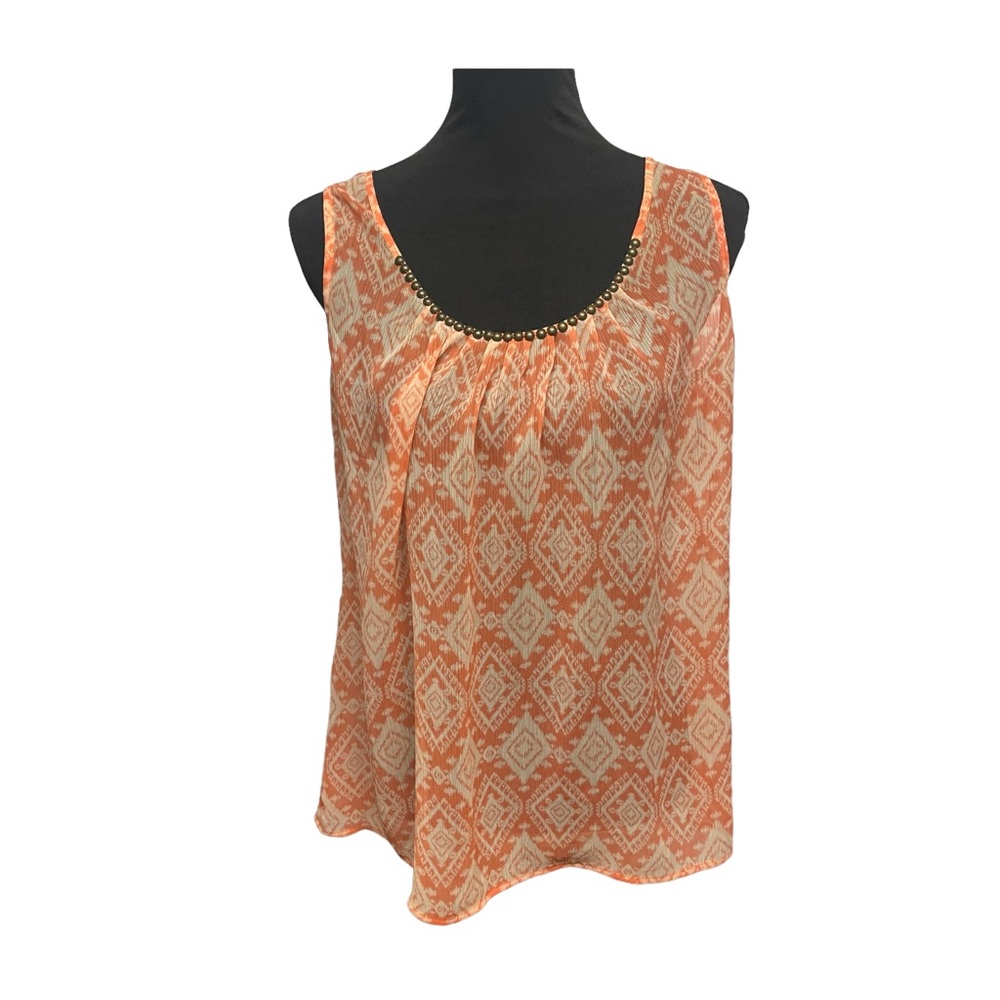 ANA Sheer Peach Orange LargeBlouse Geometric Top Sleeveless Embellished Neckline